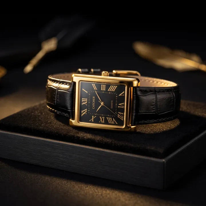 🔥Trendy Men's Leather Strap Rectangular Roman Dial Quartz Watch | Classic Formal Wrist Watch for Men | Premium Business Casual Watch