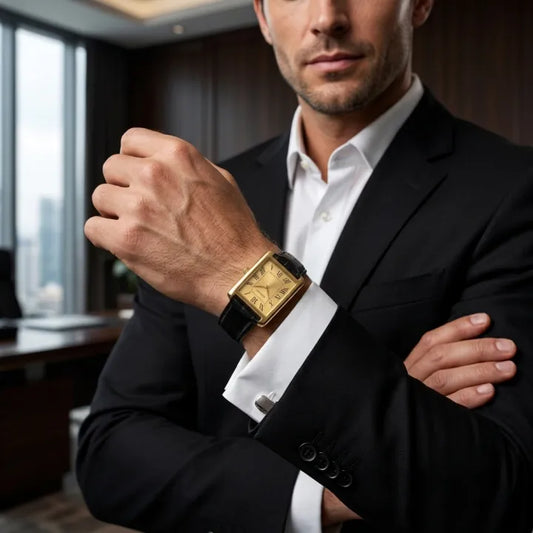 🔥Trendy Men's Leather Strap Rectangular Roman Dial Quartz Watch | Classic Formal Wrist Watch for Men | Premium Business Casual Watch